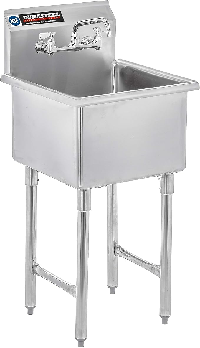 DuraSteel 304 Commercial Stainless Steel Utility Sink - 18 Inch Tub Freestanding Prep Kitchen Sink w/ Faucet - NSF Hand Wash Station for Kitchen Sinks, Outdoor, Laundry Room, Garage Small Kitchenette