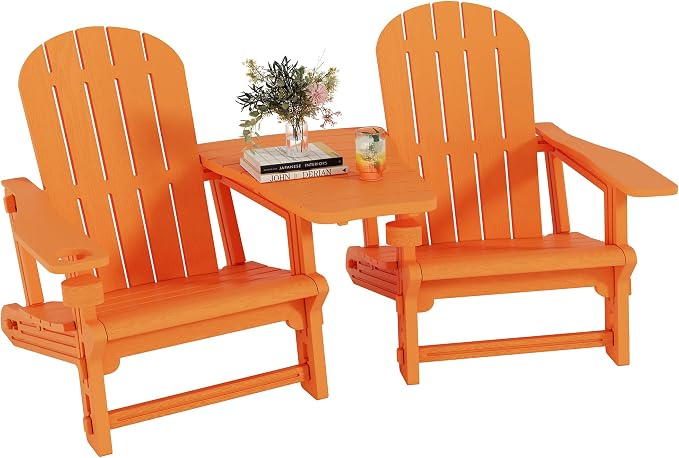 Shintenchi Adirondack Chairs Set of 2,HDPE Adirondack Chairs w/Removable Tablelop & Umbrella Hole,All-Weather Wooden Textured Plastic Outdoor Chairs w/Cup Holders for Garden Backyard Pool,Orange