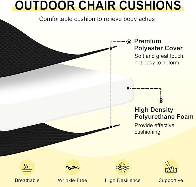 downluxe Outdoor Chair Cushions Set of 6 for Patio Furniture, Water-Resistant Patio Chair Cushions with Ties, High Density Foam Outdoor Seat Cushion, 17" X 16" X 2", Black