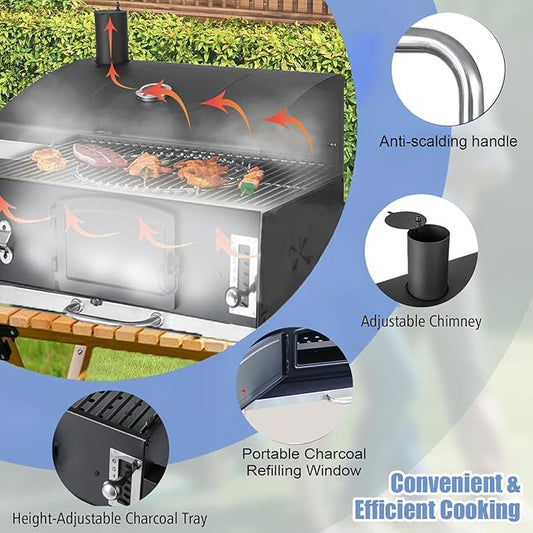 Large Built-in Barbecue Grills, Charcoal BBQ Grills with Liftable Tray, Insulated Hood & Temp Gauge, Black Stainless Steel Charcoal BBQ Barrel Grill for Outdoor Kitchen Camping Park Style