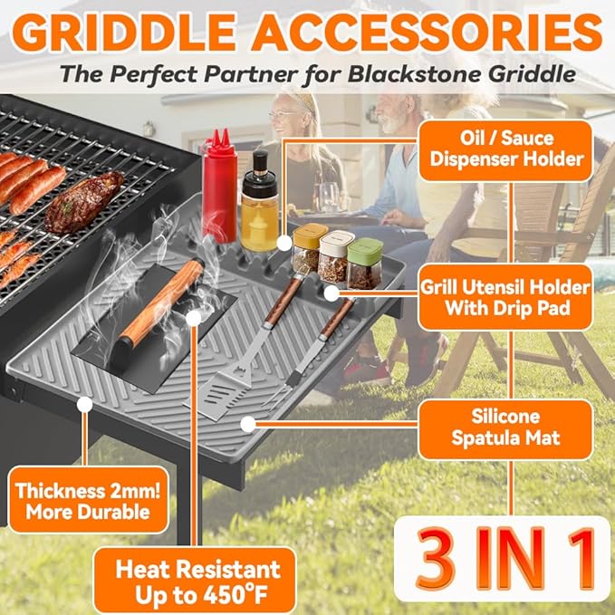 Silicone Grill Mat with Drip Pad, Premium Blackstone Griddle Accessories for Outdoor Grill Kitchen Counter, Heat-Resistant BBQ Accessories for Side Shelf (Gray)