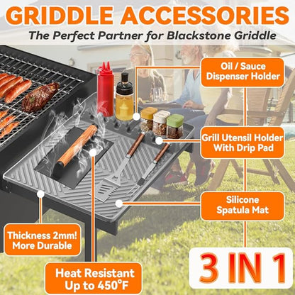 Silicone Grill Mat with Drip Pad, Premium Blackstone Griddle Accessories for Outdoor Grill Kitchen Counter, Heat-Resistant BBQ Accessories for Side Shelf (Gray)