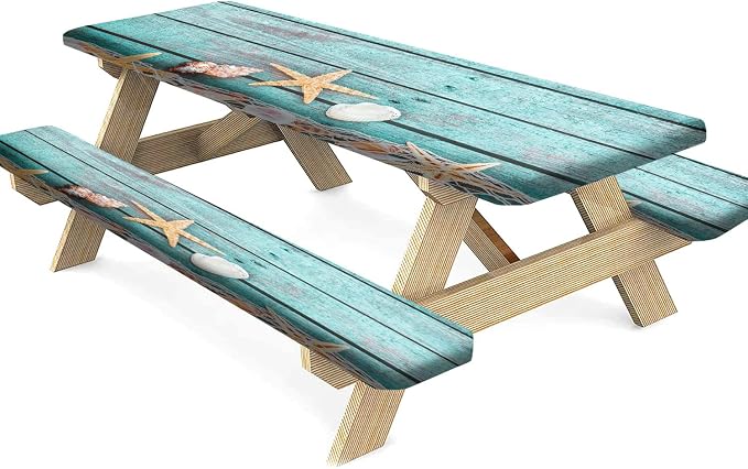 Wood Grain Picnic Table and Bench Fitted Tablecloth Cover, Ocean Mesh Starfish with Shells Print Elastic Edged Rectangluar Table Cover, 28x72 Inch, Great for Picnic Party Outdoor Patio Use, Teal Blue