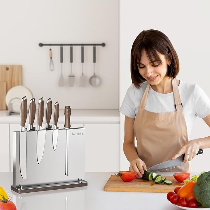 Magnetic Knife Block Without Knives,Stainless Steel Magnetic Knife Holder Rack for Kitchen Counter,Strong Double Sided Magnet Knife Storage Stand with Wood Base