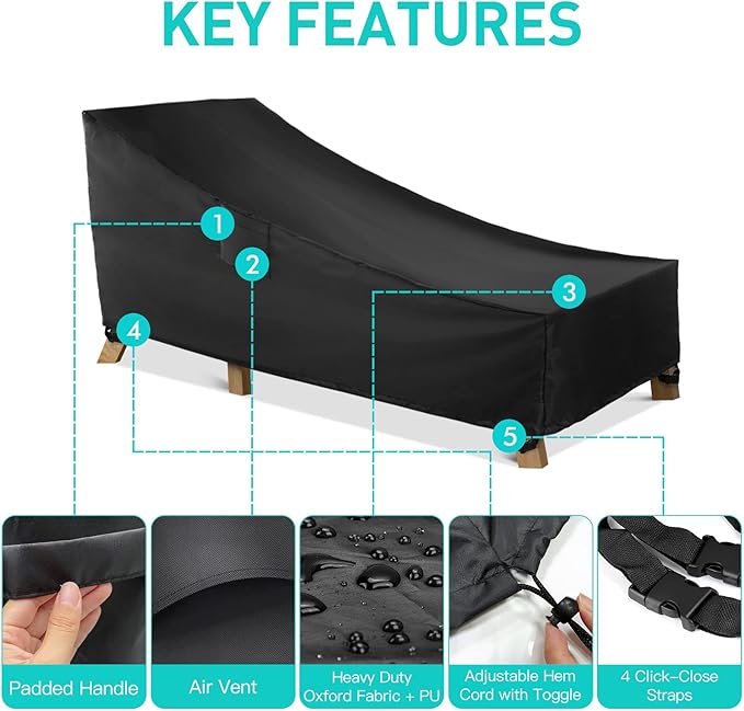 WLEAFJ Patio Chaise Lounge Cover Waterproof, Heavy Duty Outdoor Lounge Chair Covers, Black Durable Patio Furniture Covers, 70L x 32W x 30H inch - 2 Pack