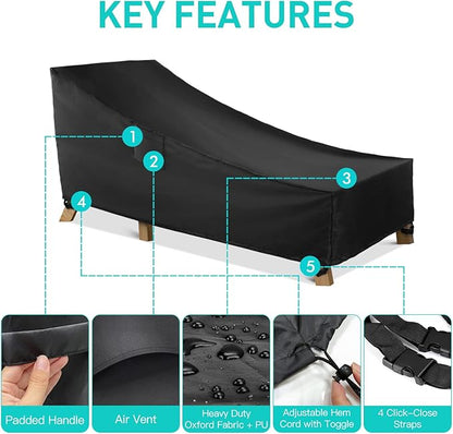 WLEAFJ Patio Chaise Lounge Cover Waterproof, Heavy Duty Outdoor Lounge Chair Covers, Black Durable Patio Furniture Covers, 78L x 34W x 32H inch - 2 Pack