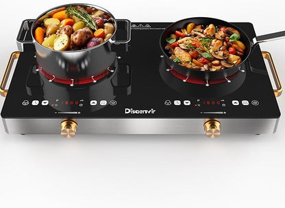 2 Burner Electric Cooktop 110V - 24 Inch(22.2"x 13.07") Countertop Electric Stove with Handles 2000W, Two Burner Ceramic Burner with Touch and Knob Control, Timer, Safety Lock, 120V Plug in