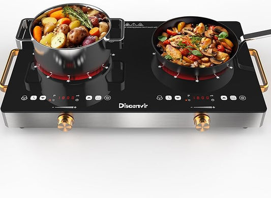 2 Burner Electric Cooktop 110V - 24 Inch(22.2"x 13.07") Countertop Electric Stove with Handles 2000W, Two Burner Ceramic Burner with Touch and Knob Control, Timer, Safety Lock, 120V Plug in