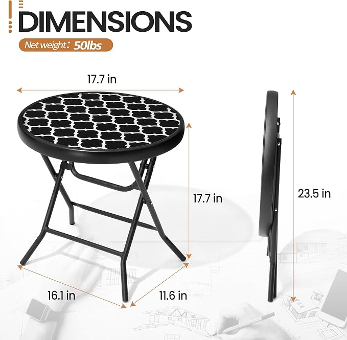 Foldable Side Table with Tempered Glass Top, 2 Pack Black & White | 18" Small Patio Side Tables Outdoor for Porch Yard Balcony Deck Lawn Garden