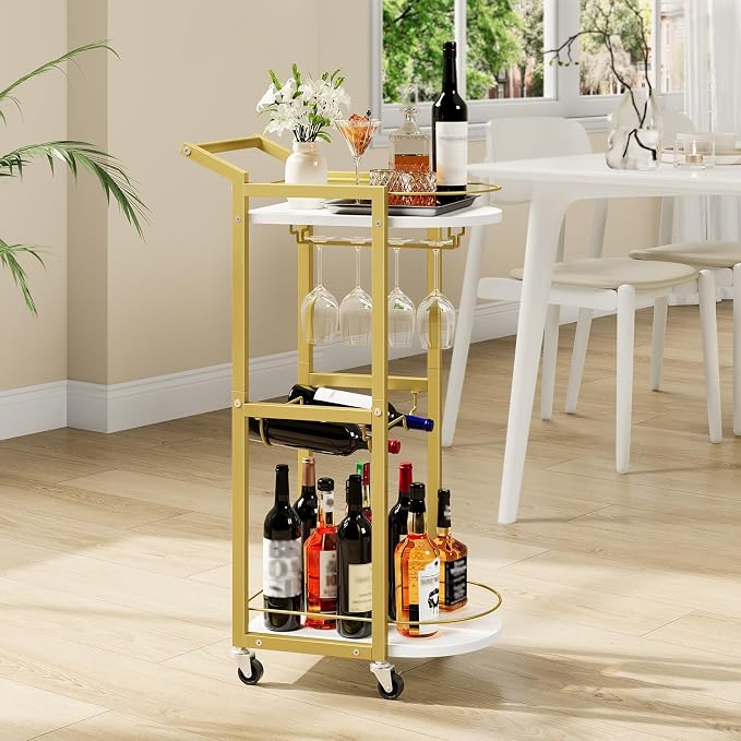 HOOBRO Bar Cart, Bar Cart for The Home, Home Bar Serving Cart on Wheels, Rolling Wine Cart with Wine Rack and Glass Holder, Beverage Cart for Bar, Kitchen, Dining Room, White and Gold DM48TC01