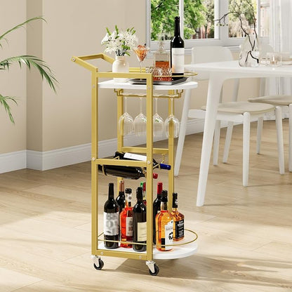 HOOBRO Bar Cart, Bar Cart for The Home, Home Bar Serving Cart on Wheels, Rolling Wine Cart with Wine Rack and Glass Holder, Beverage Cart for Bar, Kitchen, Dining Room, White and Gold DM48TC01