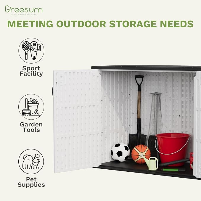 Greesum 26 Cuft Outdoor Storage Box with Lockable Doors, White | Easy to Assemble | All-Weather Resistance | Sturdy Sidehandles | Multi-purpose Resin Large Storage Cabinet