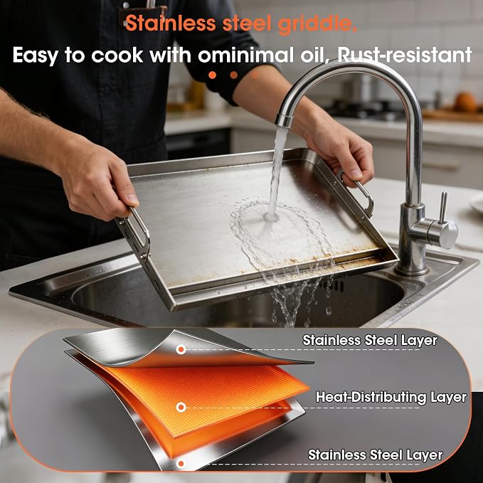 EUTRKei 17"x13" Stainless Steel Griddle for Gas Grill, Plancha Para Cocinar | Reinforced Flat Top with Grease Groove, Effortless Cleanup for Backyard BBQ, Tailgating, Camping & Family Parties