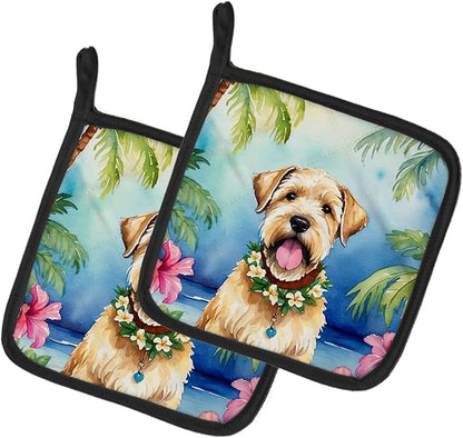 Caroline's Treasures Wheaten Terrier Luau Pair of Pot Holders Kitchen Heat Resistant Pot Holders Sets Oven Hot Pads for Cooking Baking BBQ, 7 1/2 x 7 1/2