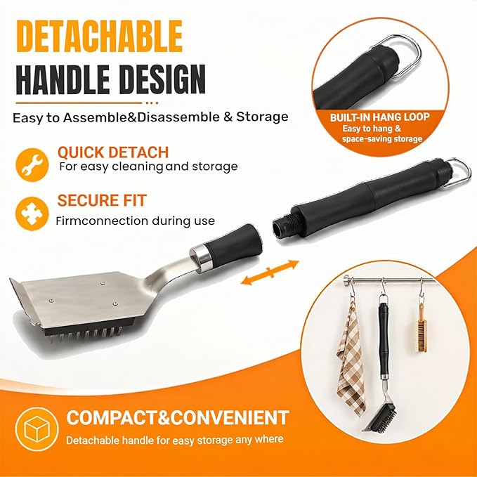 Grill Brush with Scraper& Extra Long Handle -Heat Insulated & Detachable for Gas, Charcoal, Electric Grills | Stainless Steel Wire Grill Brush BBQ Cleaning Tool for Outdoor Grill | Gift for Men