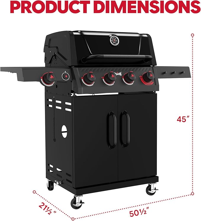 Feasto 4-Burner Propane Gas Grill w/Sear & Side Burner, Porcelain-Enameled Main Body and Lid, 49,500 BTU Outdoor BBQ Grill, 563 Sq. In. Cooking Area, Cabinet Storage, Backyard Patio Grill, Black