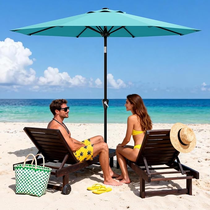 GarveeLife 10FT Umbrella Outdoor Patio, Pool Umbrella with Push Button Tilt and Crank, 8 Sturdy Ribs Waterproof UV Protection for Garden, Table, Backyard, Market | Table Umbrella Waterproof UV Protection for Garden, Pool, Deck, Backyard, Market (Sky Blue)