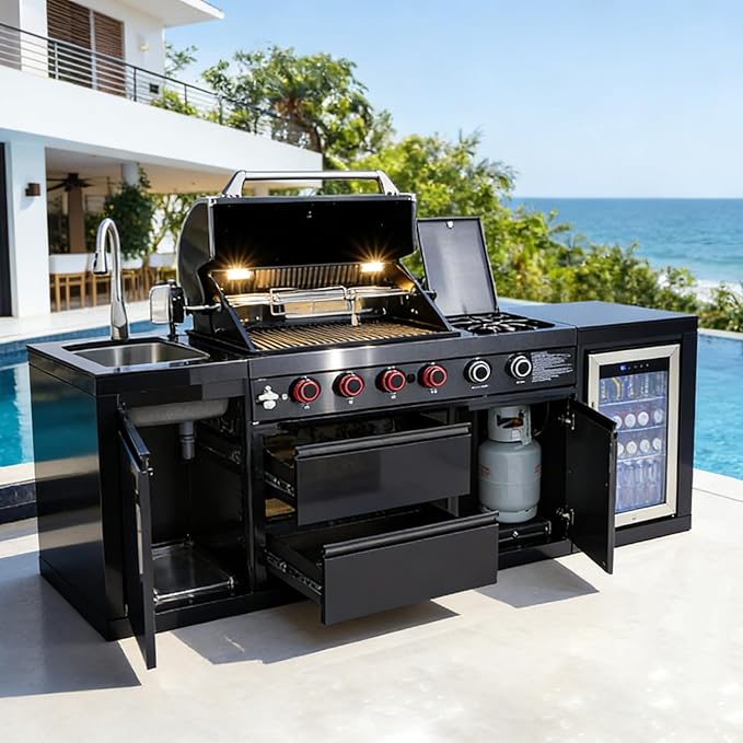 85" Outdoor Kitchen Island with Grill and Side Burner, 4-Burner 71,500 BTU Propane BBQ Island, Refrigerator, Sink & Rotisserie, for Backyard and Patio Cooking, Black