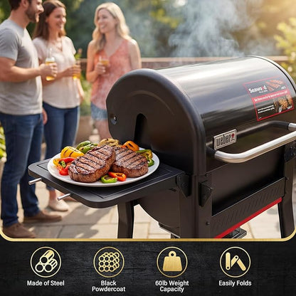 Grill Side Table Shelf for Weber Searwood 600 & 600XL, Foldable BBQ Prep Station with Cutting Board, Stainless Steel Basin, Lid & Tool Hooks – Space-Saving Side Shelf Accessory