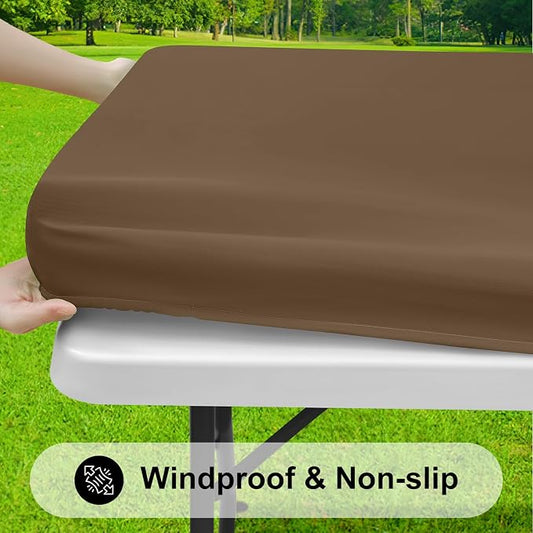 Smiry Rectangle Tablecloth, Elastic Fitted Flannel Backed Vinyl Tablecloths for 8ft Folding Tables, Waterproof Wipeable Table Covers for Indoor, Outdoor, Picnic and Camping (Brown, 30"x96")