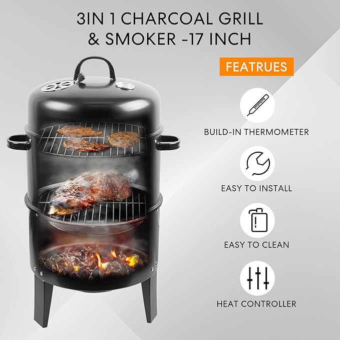 18 Inch Multi-Layer Steel Charcoal Smoker Grill, 3IN1 Vertical Heavy Duty Round Charcoal BBQ Smoker Grill with Built-in Thermometer & Adjustable Vent System for Camping & Home Party, Black