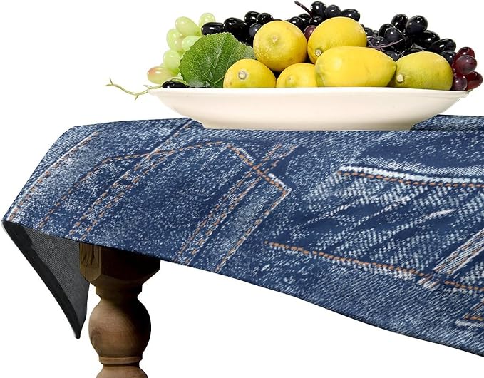 Denim Patchwork Print Style Tablecloth, Fashionable Denim Pattern Design (Not Denim Fabric) Water Resistant Table Cover for Farmhouse Picnic Party Holiday Kitchen Dinner Table 60"x90"