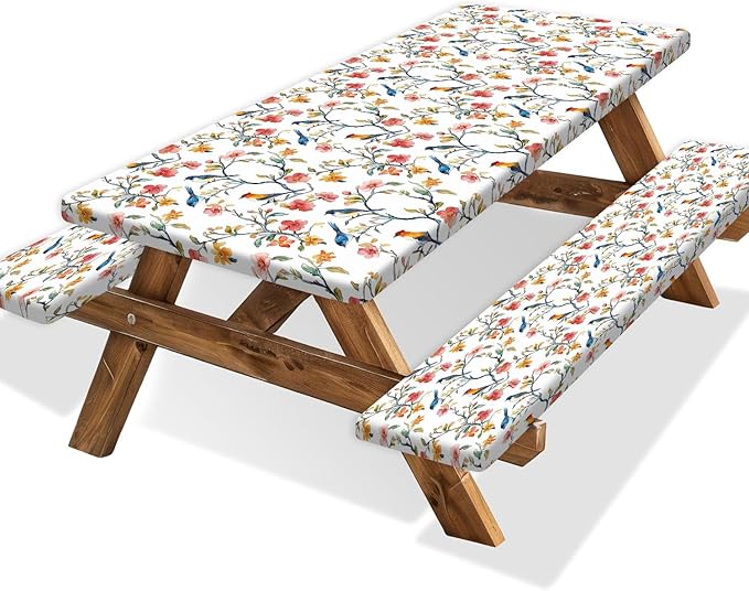 Bird Branch Picnic Table Cover with Bench Covers, Spring Summer Floral Waterproof Windproof, Fitted Tablecloth Cover with Elastic Edge, Camping Essentials, for Outdoor, Garden, 3 PCS, 30x60 Inch