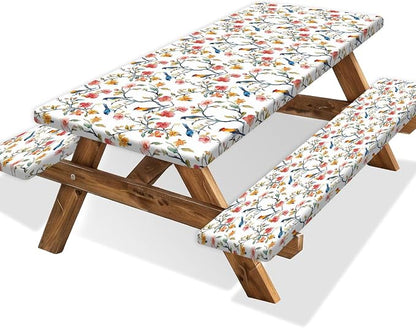 Bird Branch Picnic Table Cover with Bench Covers, Spring Summer Floral Waterproof Windproof, Fitted Tablecloth Cover with Elastic Edge, Camping Essentials, for Outdoor, Garden, 3 PCS, 30x96 Inch