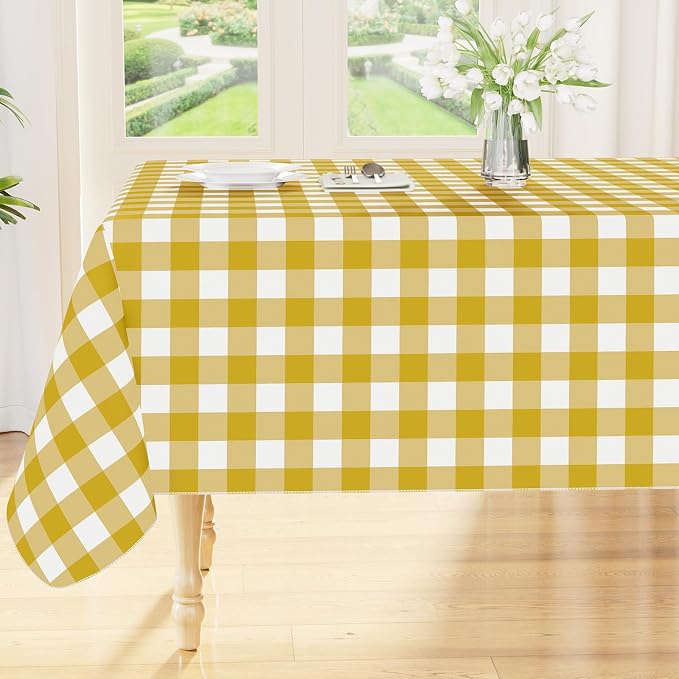 Smiry Picnic Table Cloth, Vinyl Tablecloths with Flannel Backing, 60"x120" | Waterproof Rectangle Table Cloth, Wipeable Buffalo Plaid Table Cover for Indoor and Outdoor (Gold & White)