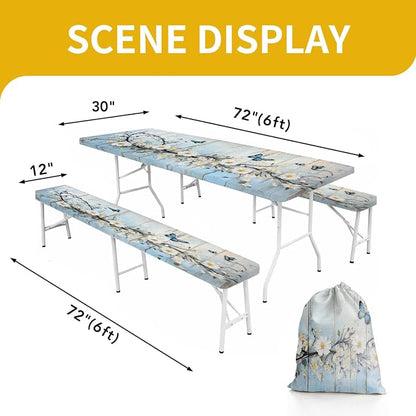 Picnic Table Cover with Bench Covers, 72 X 30 Inch Elastic Fitted Camping Tablecloth with Strap Design for 6FT Rectangle Tables, Windproof Outdoor Tablecloth Set with Storage Bag