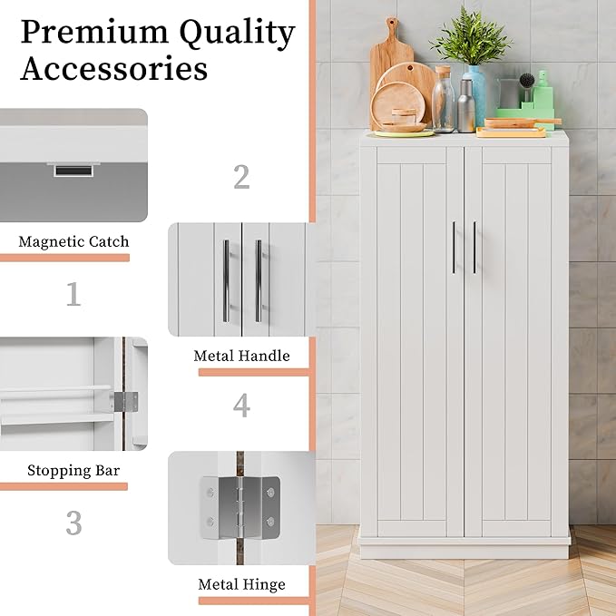 47in Kitchen Pantry Cabinet, Wood Kitchen Storage Pantry Cabinets Freestanding Pantries Cabinets with Doors & Adjustable Shelves, White
