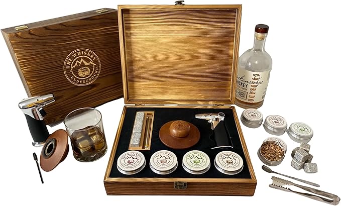Bourbon, Whiskey Smoker Kit - Cocktail Smoking Kit with Butane Torch, Smoke Top, Whiskey Stones - Apple, Cherry, Oak, Walnut Wood Chips - Premium Wooden Box. No Butane