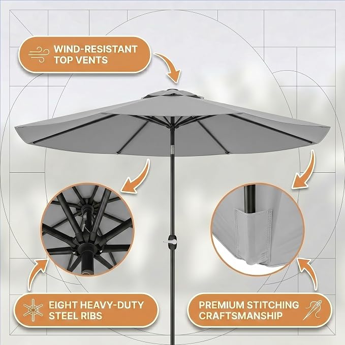 Greesum 9FT Outdoor Patio Umbrella, Table Umbrella for Yard, Market, Heavy-Duty Waterproof Pool Umbrella with 8 Sturdy Ribs, UV Protection for Beach, Deck, Garden, Backyard