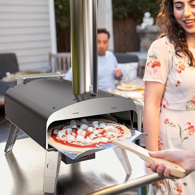Mimiuo Auto-Rotating Wood Pellet Pizza Oven Outdoor 40Lbs, 60S Bake w/Stone | Heavy Duty, Fast Baking, Complete Baking Tool (Automatic Spinning System, Stone, Peel & Cover), Easy Operation