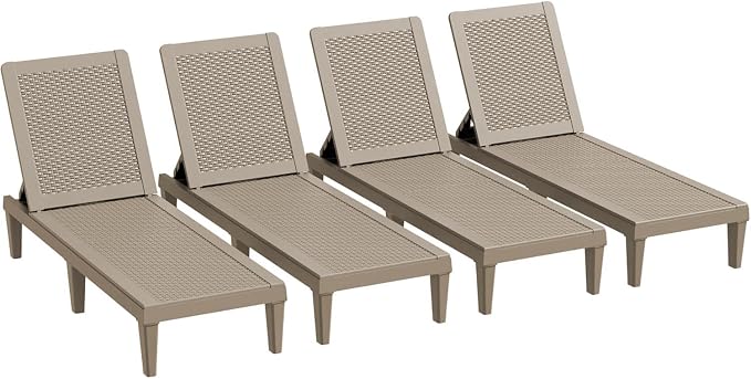 Greesum Lounge Chairs Set of 4 All Weather Outdoor Angle Adjustable Chaise for Beaches,Gardens,Decks and Pools,Light Coffee