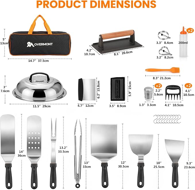 Overmont 31PC Griddle Accessories Kit, Spatula Set with Basting Cover Press | Flat Top Grill Tool Set with Enlarged Spatulas Scraper Tong Carry Bag, Professional Barbecue Gift for Outdoor BBQ Teppanyaki