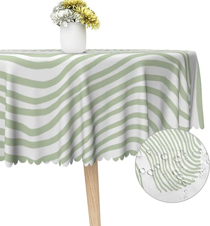 Sage Green Stripes Table Cloth for Round Chic Striped Circle Tablecloths Polyester Vintage for Picnic Party Dinner Wrinkle Oil-Proof Resistant Table Cover for Dining Table 60x60 Inch