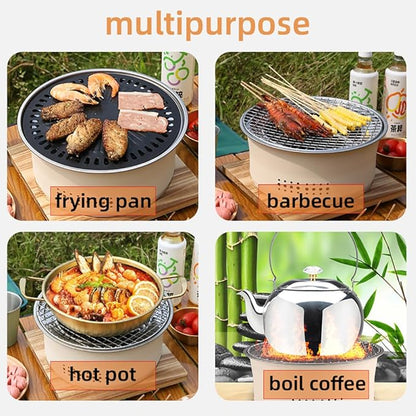 SANQIAHOME Stainless Steel Charcoal Portable Barbecue Grill, 10.5 Inches Non-Stick, Round, Barbecue or Hot Pot, Boiling Water, Charcoal Stove for Home Party Outdoor Camping