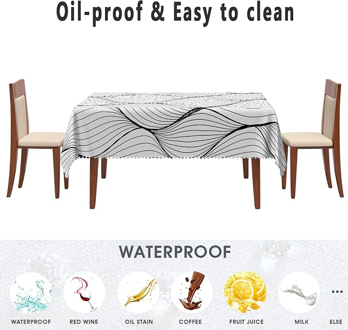 Black White Striped Tablecloth Waterproof Abstract Modern Wave Stripes Washable Wrinkle Free Spill Proof Decorative Table Cover for Dining Table Farmhouse Kitchen Restaurant 60x102 Inch