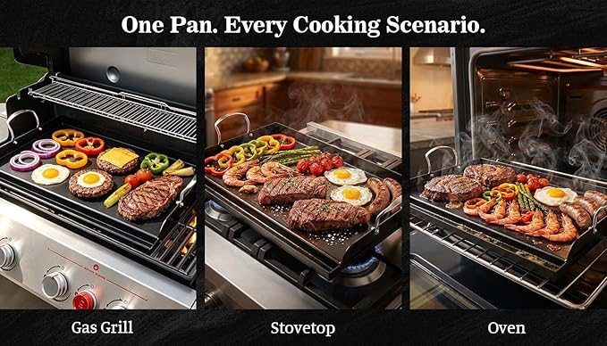 Updated 25" x 16" Cast Iron Griddle for Gas Grill, Nonstick Nanoceramic Stove Top Griddle for Gas Stove, Pre-Seasoned Flat Top Plate Insert for Outdoor Gas Grill, Camping, Tailgating, Parties