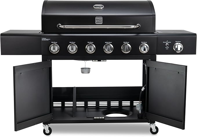 Kenmore 6-Burner Propane Gas Grill with Side Burner, 73,000 BTU Total Cooking Power, 819 Sq. In. Cooking Space, Cast Iron Grates, Warming Rack, Built-In Thermometer, For Outdoor BBQs Events, Black