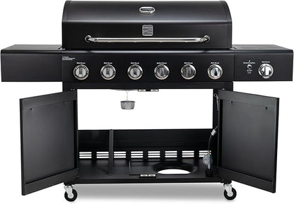 Kenmore 6-Burner Propane Gas Grill with Side Burner, 73,000 BTU Total Cooking Power, 819 Sq. In. Cooking Space, Cast Iron Grates, Warming Rack, Built-In Thermometer, For Outdoor BBQs Events, Black