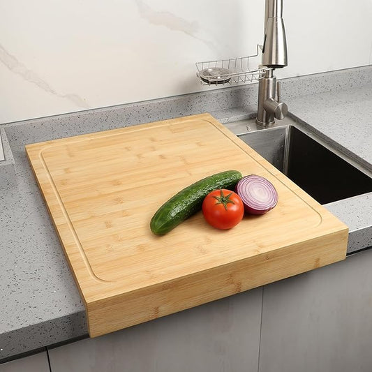BAMOTTO CRAFTBAMBOO 18.9x22 Inch Extra Large Bamboo Cutting Board, Stovetop Cover, Over Sink, Reversible Juice Grooves, Non-Slip Detachable Lip, Turkey Carving & Noodle Board for Home & RV Kitchen