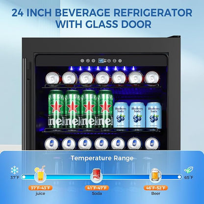 24 Inch Beverage Refrigerator Under Counter, Drink Fridge 180 Cans Large Capacity with Glass Door, 38dB Whisper Quiet Beverage Cooler Built-in for Home Bar Office, Memory Function for Beer Soda, Black
