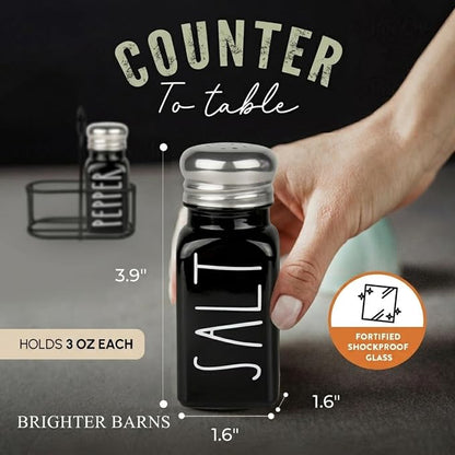 Black Salt and Pepper Shakers Set with Holder by Brighter Barns - Cute Salt Shaker with Caddy - Farmhouse Kitchen Decor for Dining Table Centerpiece, Gothic or Halloween Home Decor, Restaurant (Black)