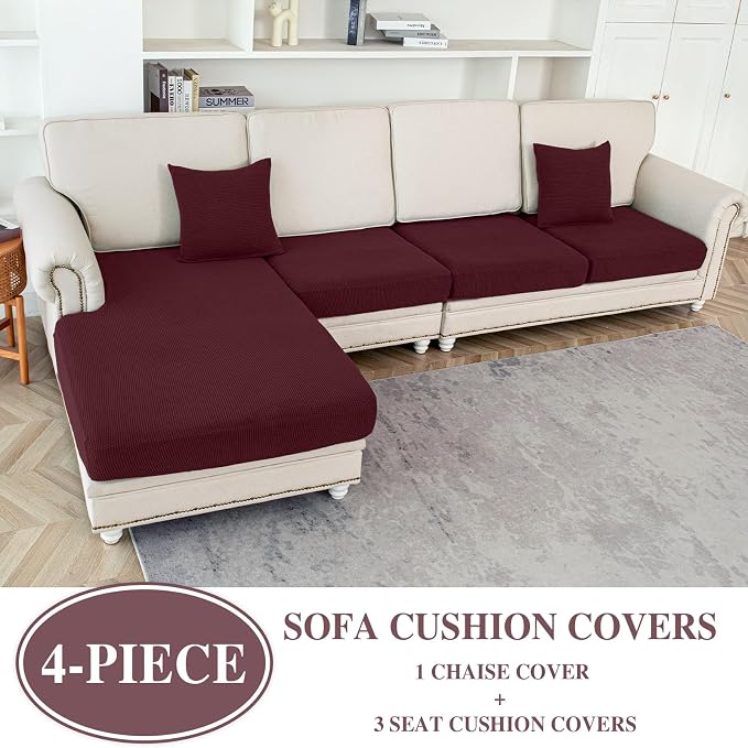 LA MEACK Couch Cushion Covers for Sectional Sofa L Shape Washable Separate Seat Chaise Couch Cover Stretch Sofa Slipcovers with 2 Pcs Pillowcases(3 Seater + 1 Chaise, Burgundy)