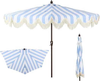 JONATHAN Y Beverly 9 ft. Striped Half Umbrella, Light Blue/Dark Brown | Coastal Scalloped Fringe, Crank Lift, 30 Degree Manual Tilt, UV 50 Polyester Canopy, Aluminum Frame, Space Saving Design