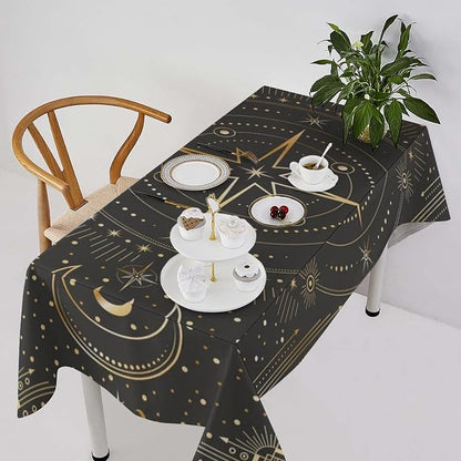 Vintage Tarot Moon Tablecloth Boho Mystical Crescent Moon Phases Star Galaxy Space Table Cloth Water Resistant Wipeable Table Cover for Picnic Party Holiday Kitchen Dinner Table 55"x55"