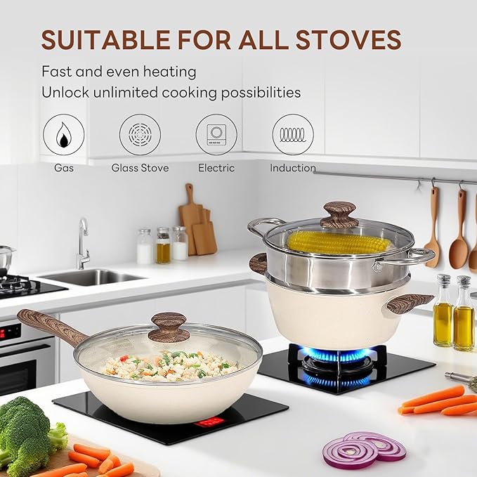 NEWBULIG 17-Piece Nonstick Cookware Set, Dishwasher Safe Non-Toxic Pots and Pans with Stay-Cool Handles, Induction Compatible Cookware, PFAS & PFOA-Free, Cream White
