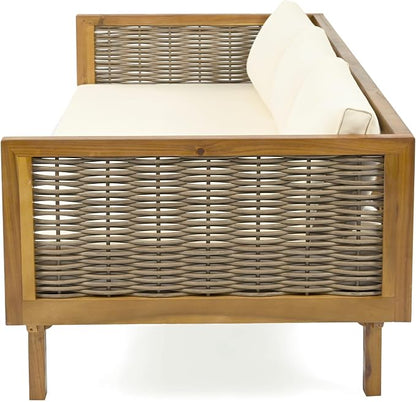 Merax Outdoor Acacia Wood Conversation Set, 3-Seat Loveseat Sofa w/Coushion and Round Coffee Table for Backyard, Patio Furniture, Teak+Beige
